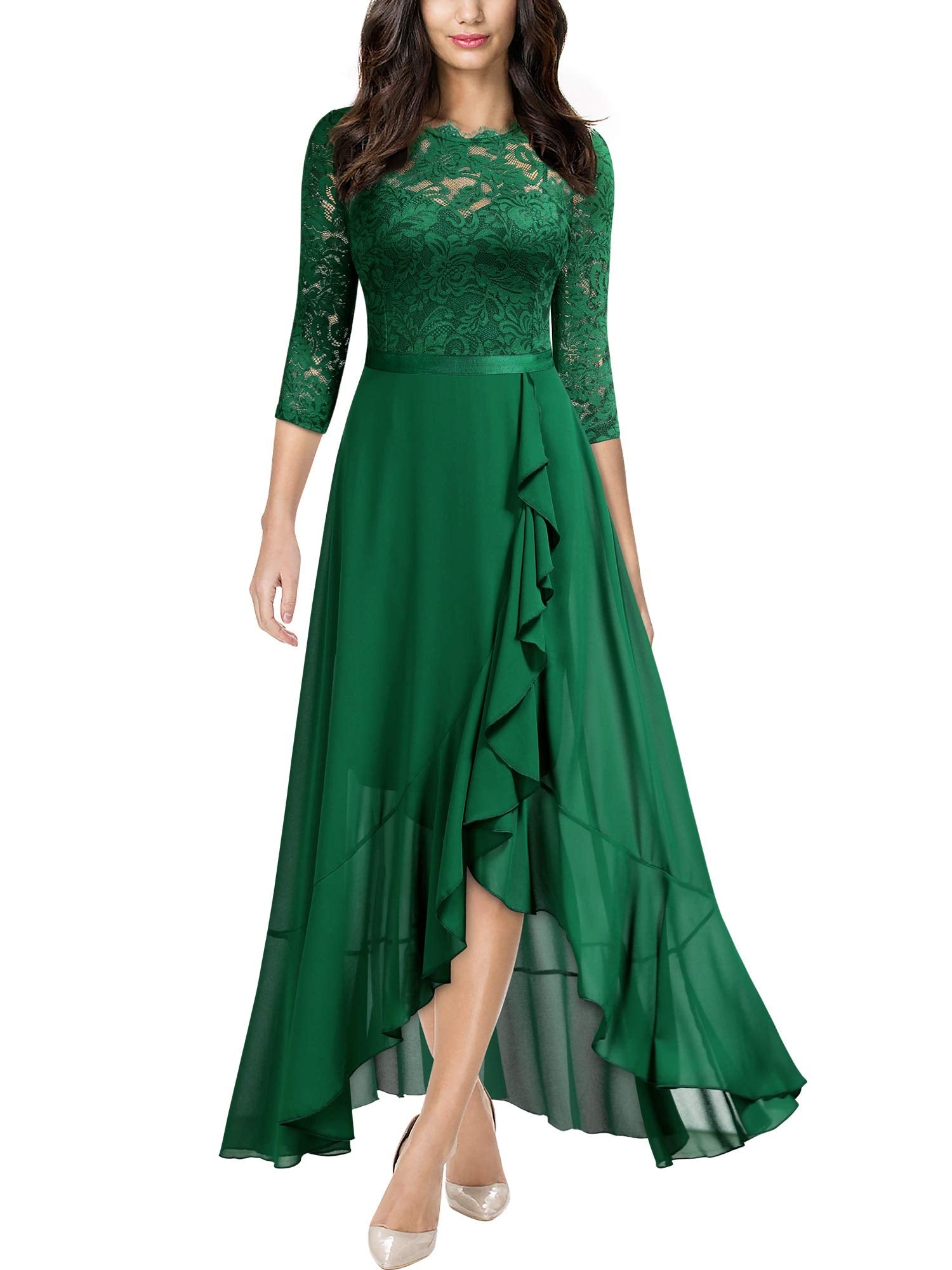 Dark Green Ladies Elegant Scoop Neck Floral Lace Formal Wedding Maxi Dress - MIUSOL