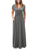 Gray Ladies Summer Casual V Neck Short Long Sleeve Floral Pattern Wrap Ladies Maxi Long Dress with Pockets - OUGES | Women's Evening Gowns