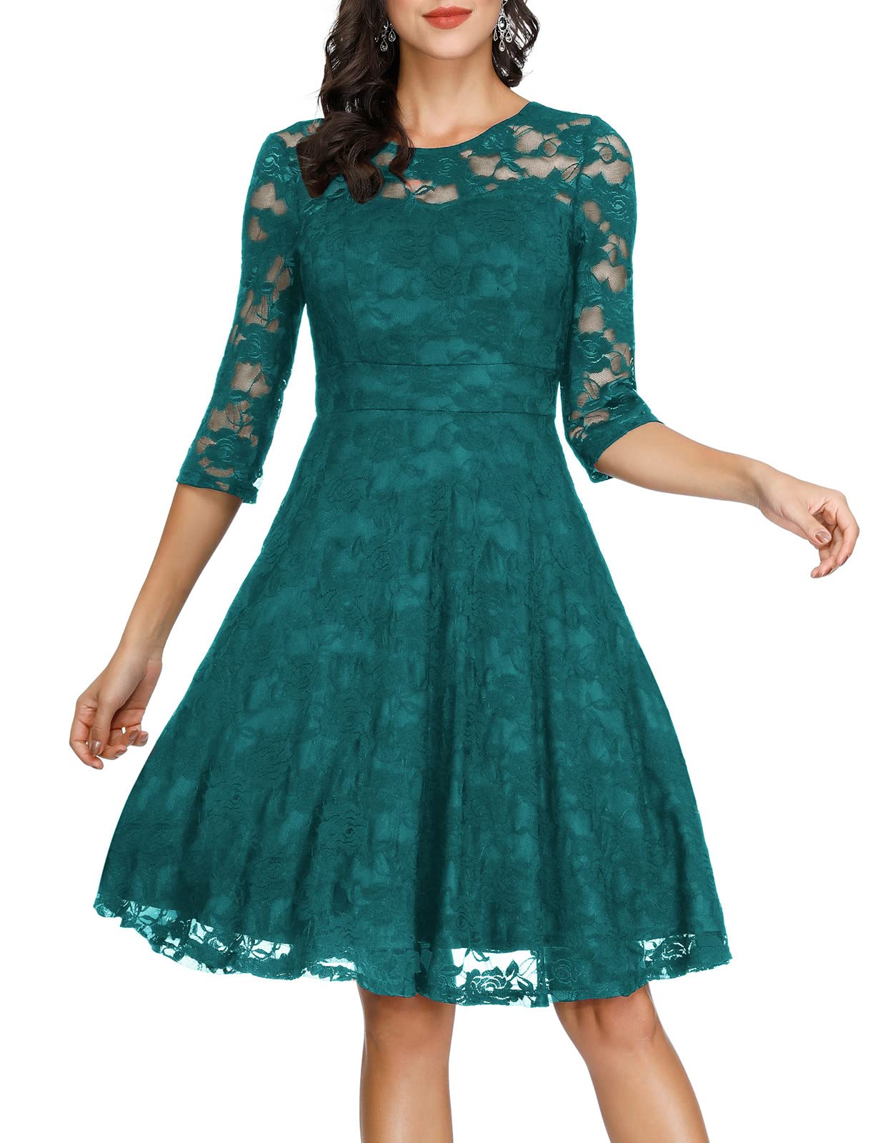 Blue Green Ladies Vintage Floral Cocktail Party Wedding Guest A Line Lace Dresses - JASAMBAC