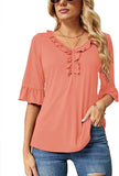 Coral Casual V Neck T Shirts Loose Summer Tops Ruffle - Ivicoer | Women's Tops and Blouses