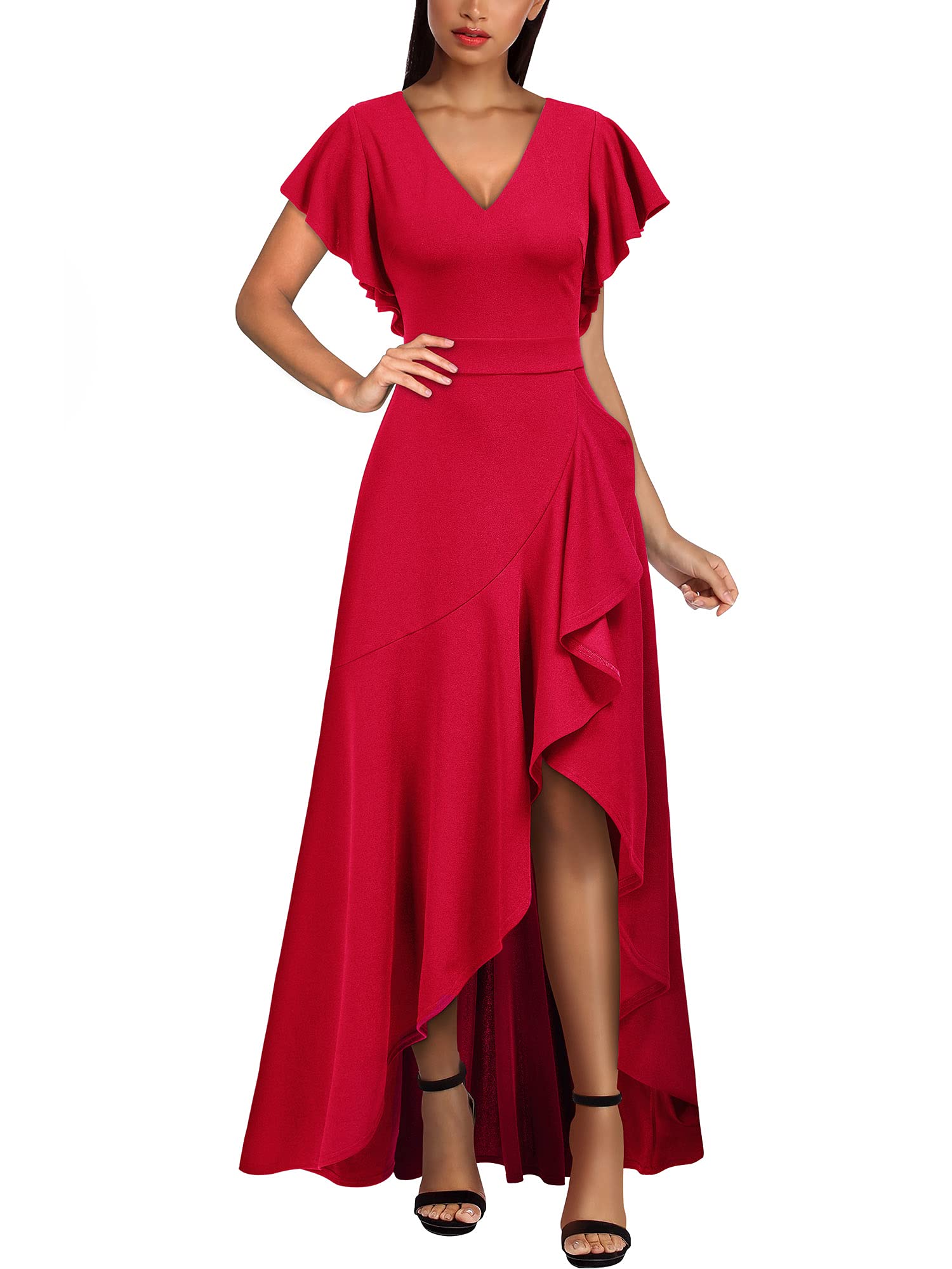 Red Women's Formal V Neck Ruffle Split Evening Party Long Dress - Miusol