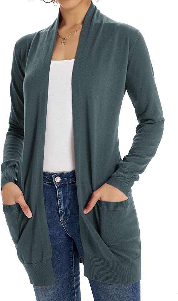Cadet Gray Women Open Front Cardigan Sweaters Pockets Long Sleeve Shrugs - GRACE KARIN | Women's Cardigan