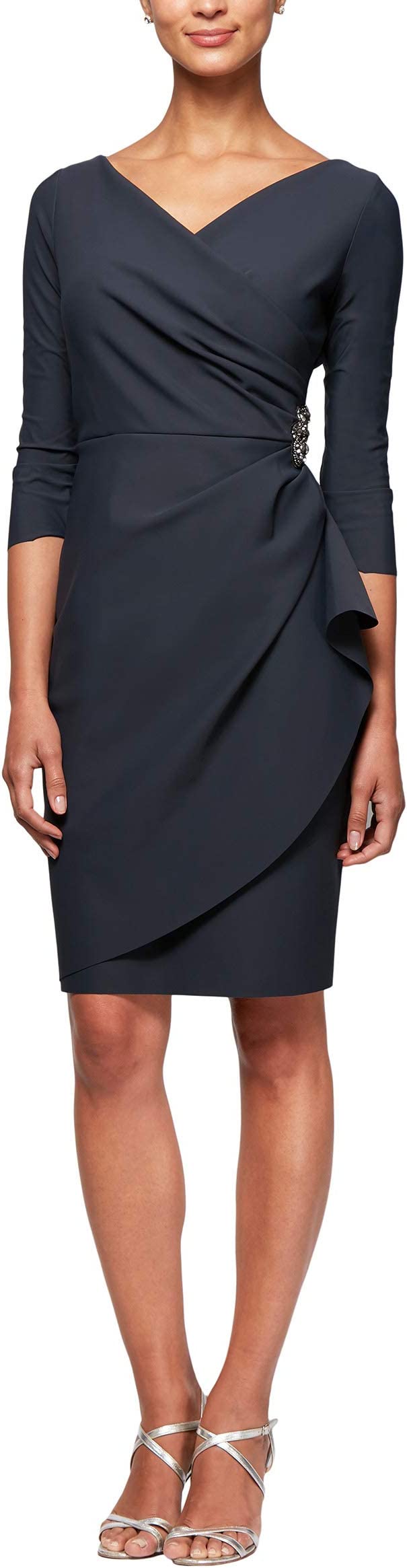 Charcoal Women's Slimming Short Sheath Sleeve Dress with Surplus Neckline - Alex Evenings | Women's Cocktail Dresses