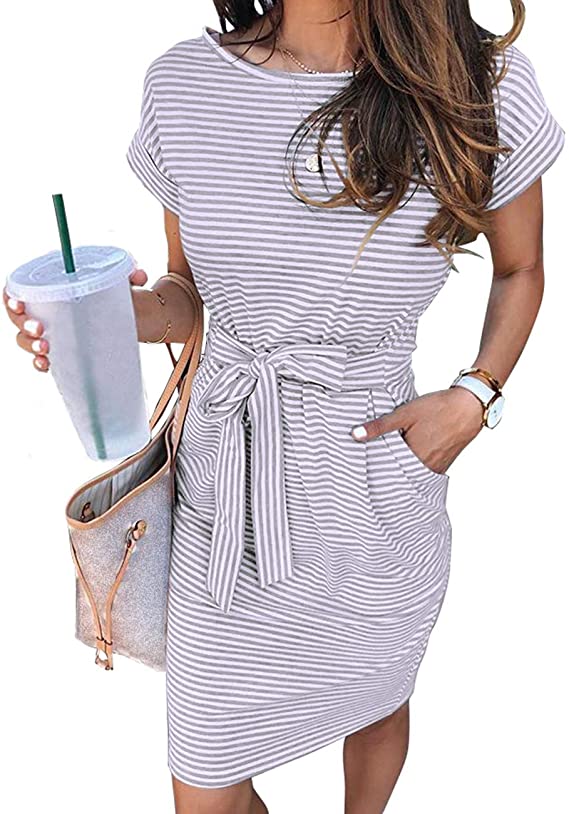 Light Grey Women's Summer Striped Short Sleeve T Shirt Dress Casual Tie Waist Midi Dress - MEROKEETY | Women's Casual Dresses