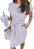 Light Grey Women's Summer Striped Short Sleeve T Shirt Dress Casual Tie Waist Midi Dress - MEROKEETY | Women's Casual Dresses