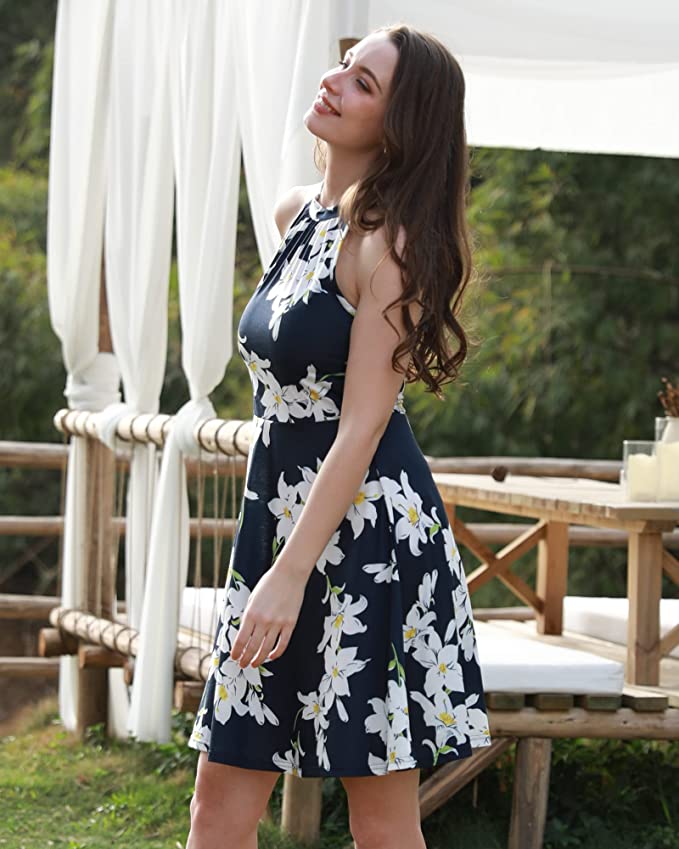 Blue Floral-7 Women's Halter Neck Floral Summer Casual Sundress - OUGES | Women's Casual Dresses