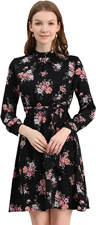 Blacks Mock Neck Long Sleeve Tie Waist Flare Floral Midi Dress Alleg Original Brand