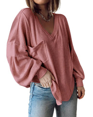 Solid Pink Women's Casual V Neck Ribbed Knitted Shirts Pullover Tunic Tops Loose Balloon Sleeve Solid Color Blouses Top - BTFBM | Women's Tops and Blouses