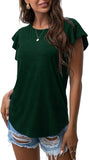 Dark Green Ruffle Short Sleeve Top Waffle Knit Tunic Casual Blouse Round Neck Shirts Summer Tank Tops for Women - IWOLLENCE | Women's Tops and Blouses