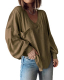 Solid Army Green Women's Casual V Neck Ribbed Knitted Shirts Pullover Tunic Tops Loose Balloon Sleeve Solid Color Blouses Top - BTFBM | Women's Tops and Blouses
