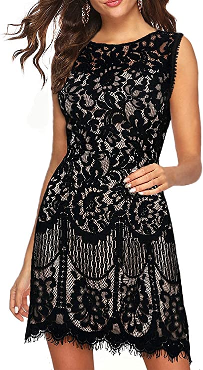 Black Sleeveless Women's Elegant Round Neck V-Back Wedding Guest Floral Lace Cocktail Party A Line Dress - MSLG | Women's Cocktail Dresses