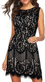 Black Sleeveless Women's Elegant Round Neck V-Back Wedding Guest Floral Lace Cocktail Party A Line Dress - MSLG | Women's Cocktail Dresses