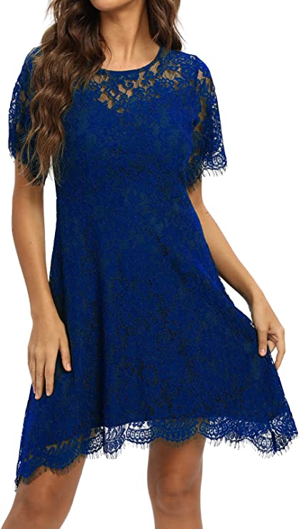 Royal Women's Elegant Round Neck Short Sleeve A-Line Lace Dress - ALLANDWELL | Women's Cocktail Dresses