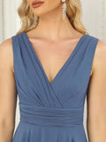Denim Blue Ladies Double V Neck Empire Waist Midi Asymmetrial Hem Short Evening Party Dresses - Ever-Pretty