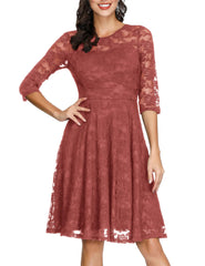 Brick Red Ladies Vintage Floral Cocktail Party Wedding Guest A Line Lace Dresses - JASAMBAC