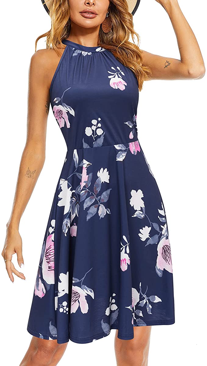 Black Floral-40 Women's Halter Neck Floral Summer Casual Sundress - OUGES | Women's Casual Dresses