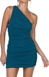 Dark Teal Women's Sexy One Shoulder Ruched Sleeveless Bodycon Mini Short Dress - Lyaner | Women's Formal Dresses