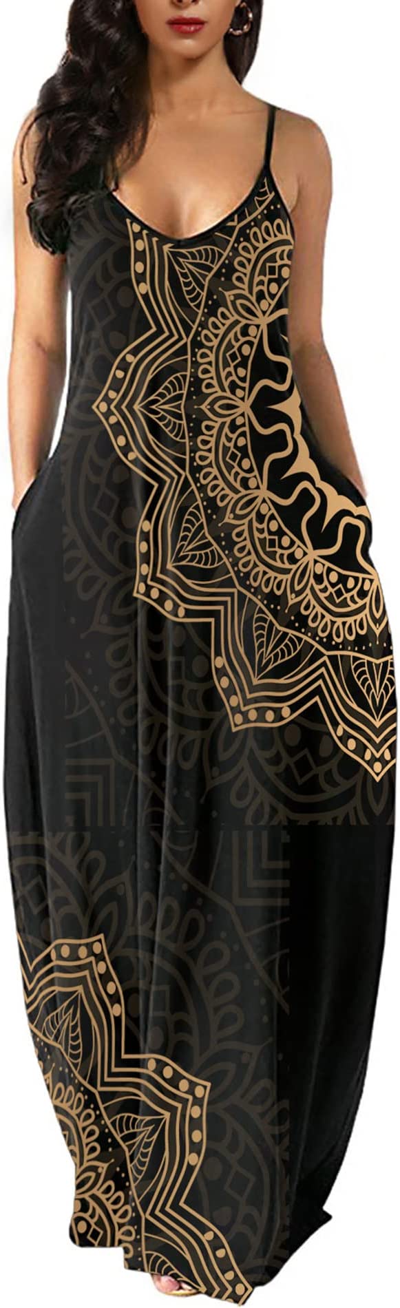 Mandala Black Womens Casual Sleeveless Plus Size Loose Plain Long Maxi Dress with Pockets - Wolddress | Women's Casual Dresses