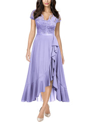 Light Purple Ladies Retro V-Neck Lace Ruffle Design Formal Party Maxi Dress - MIUSOL