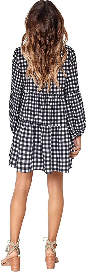 Printed Plaid Long Sleeve Women Summer Tunic Dress V Neck Casual Loose Flowy Swing Shift Dresses - Amoretu | Women's Casual Dresses