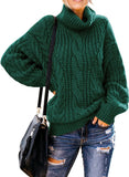 Green Drak Women's Turtleneck Balloon Long Sleeve Casual Loose Chunky Cable Knit Pullover Sweater Outerwear - FARYSAYS | Women's Sweaters