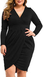 Black Womens Plus Size Long Sleeves & Sleeveless Deep V Neck Bodycon Wrap Dress With Front Slit - Laolasi