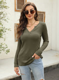 Grey Women's V Neck Waffle Knit Henley Tops Casual Long Sleeve Pullover Sweater Blouses - Farktop | Women's Sweaters