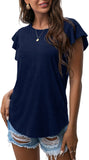 Navy Blue Ruffle Short Sleeve Top Waffle Knit Tunic Casual Blouse Round Neck Shirts Summer Tank Tops for Women - IWOLLENCE | Women's Tops and Blouses