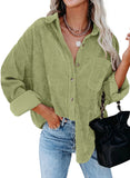 Light Green Womens Corduroy Button Down Shirts Boyfriend Long Sleeve Oversized Blouses Tops - Dokotoo