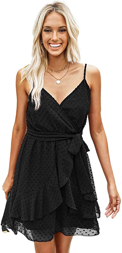 Black Womens V-Neck Spaghetti Strap Bowknot Backless Sleeveless Lace Mini Swing Skater Dress - Ecowish | Women's Casual Dresses