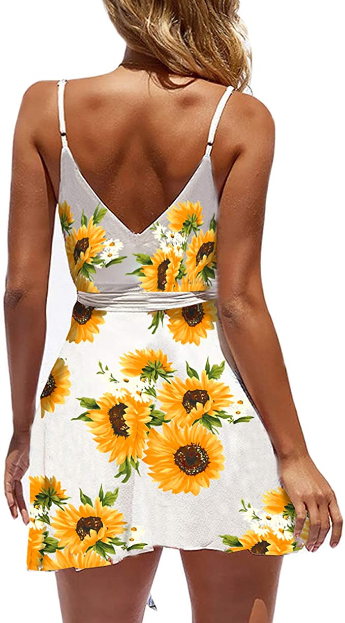 White Sunflower Womens V-Neck Spaghetti Strap Bowknot Backless Sleeveless Lace Mini Swing Skater Dress - Ecowish | Women's Casual Dresses