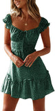 Blackish Green Womens Summer Ruffle Sleeve Sweetheart Neckline Printing Dress Mini Dress - Yobecho | Women's Casual Dresses