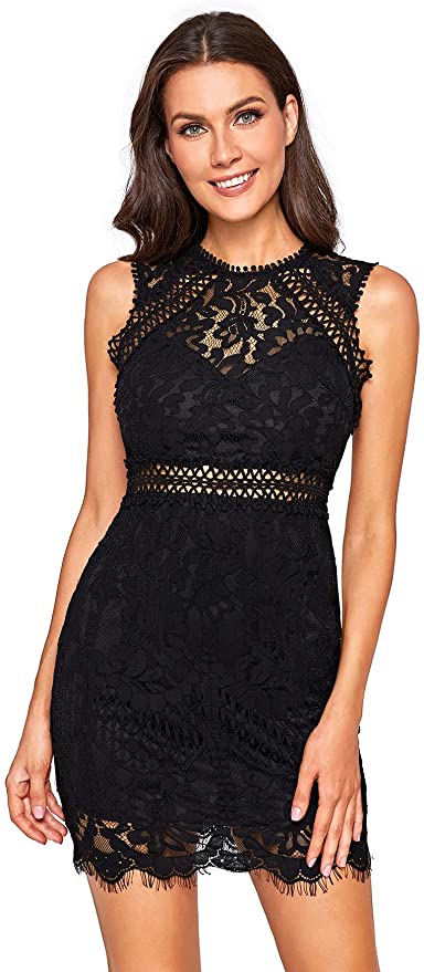 Black Women's Sleeveless Scalloped Hem Fitted Floral Lace Bodycon Dress - Verdusa | Women's Cocktail Dresses