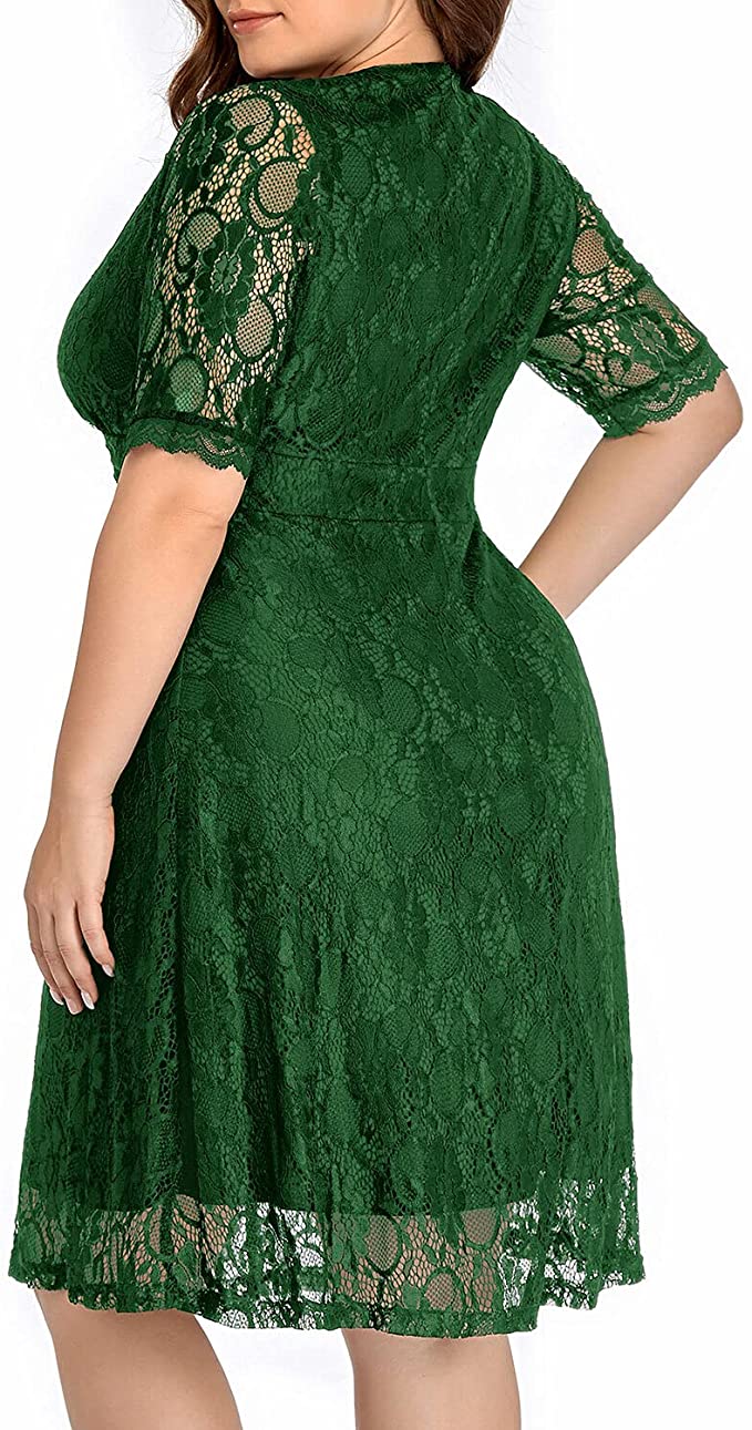 Green Women Lace V Neck Plus Size Half Sleeve Knee Length Cocktail Wedding Guest Swing Dress - Pinup | Women's Cocktail Dresses