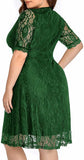 Green Women Lace V Neck Plus Size Half Sleeve Knee Length Cocktail Wedding Guest Swing Dress - Pinup | Women's Cocktail Dresses