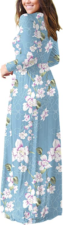 Floral Light Blue Casual Short/Long Sleeve Maxi Dress with Pockets - HAOMEILI | Women's Casual Dresses