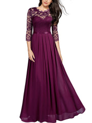 Magenta Ladies Wedding Style Lace Sleeve Bridesmaid Maxi Dress - MIUSOL