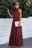 Y Wine Red Women's Casual Halter Neck Sleeveless Floral Long Maxi Dress Backless Loose Ruffle Sundress with Belt - PRETTYGARDEN | Women's Formal Dresses