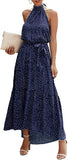 Navy Women's Casual Halter Neck Sleeveless Floral Long Maxi Dress Backless Loose Ruffle Sundress with Belt - PRETTYGARDEN | Women's Formal Dresses