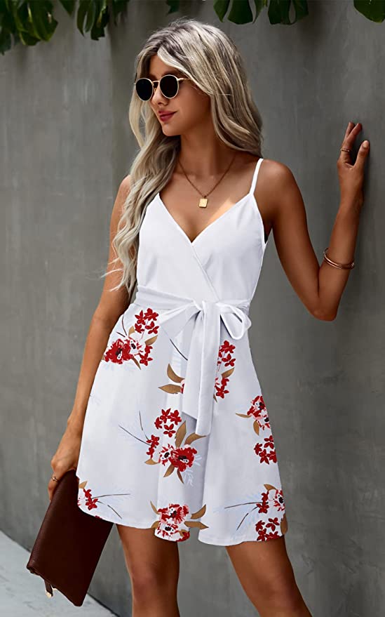 White Red Womens V-Neck Spaghetti Strap Bowknot Backless Sleeveless Lace Mini Swing Skater Dress - Ecowish | Women's Casual Dresses