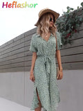 Womens Casual Floral Dress Button Down V Neck Tie Waist Midi Dress Summer Short Sleeve Bohemia Lightweight A Line Beach Sundress