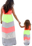 Lace Stitching Summer Cute Mommy and Me Boho Striped Chevron Maxi Dresses - WIWIQS | Women's Casual Dresses