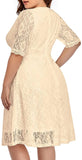 Champagne Women Lace V Neck Plus Size Half Sleeve Knee Length Cocktail Wedding Guest Swing Dress - Pinup | Women's Cocktail Dresses