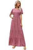 Dusty Rose Women's Round Neck Short Flutter Sleeve Smocked Ruffle Floral Maxi Dress - Kranda | Women's Formal Dresses
