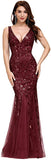 Burgundy Women's Double V-Neck Sleeveless Mermaid Dress Evening Maxi Dress - Ever-pretty 