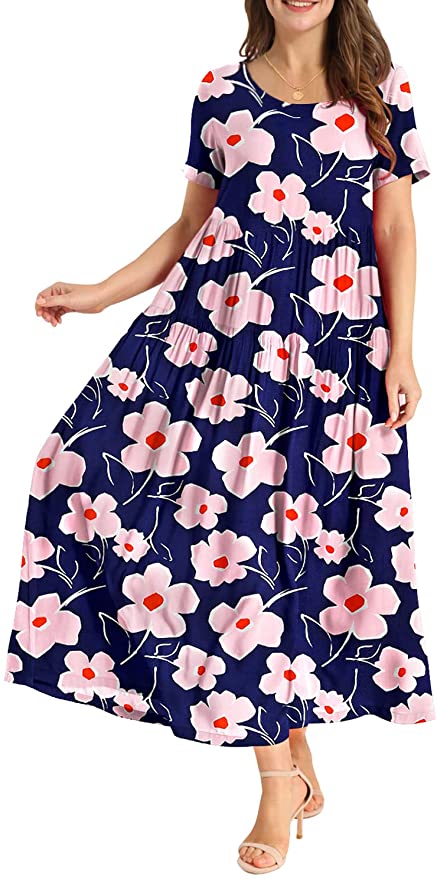 Blue Pink Women Casual Loose Bohemian Floral Dress with Pockets Short Sleeve Long Maxi Summer Beach Swing Dress - Yesno | Women's Casual Dresses