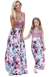 Purple Flower Summer Cute Mommy and Me Boho Striped Chevron Maxi Dresses - WIWIQS | Women's Casual Dresses