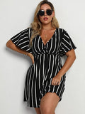 Black Women's Plus Size Striped Print Wrap V Neck Short Sleeve A Line Dress - Floerns | Women's Formal Dresses