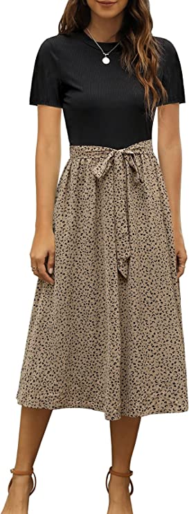 Black Half Sleeve Women Short Sleeve Ribbed Midi Dress Modest Casual Work Dress with Pockets - Zattcas | Women's Casual Dresses