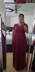 Red Grey Maxi Dress Summer Casual Long Dresses for Laydies with Pockets - GRECERELLE